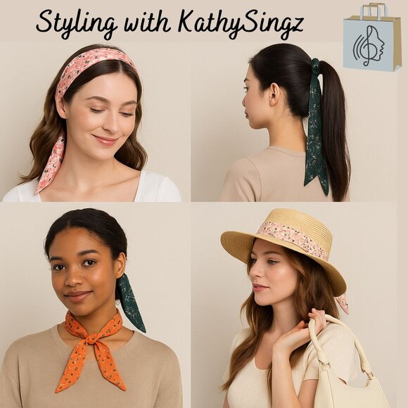 Slim Scarf Blue Floral 34in Satin Two Sided Nauticalcore Preppy No63 - Picture 7 of 16